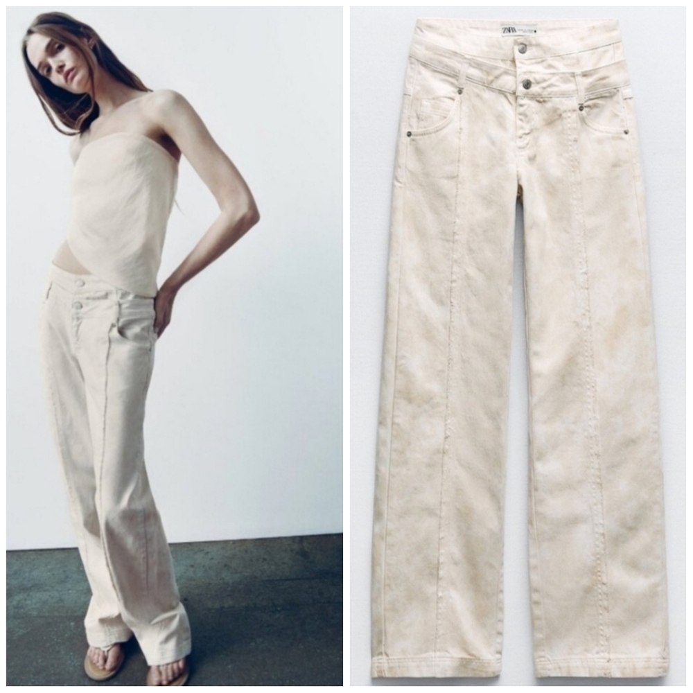 Zara High Rise Double Waist Slim Frayed Pant Signature Denim